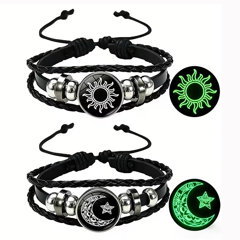 Snap Fastener Set - ชุดกำไลข้อมือคู่รักเรืองแสงในที่มืด ลายพระอาทิตย์และพระจันทร์ 2 ชิ้น พร้อมกระดุมแก้วแบบสแนป สายหนังถักหลายชั้น