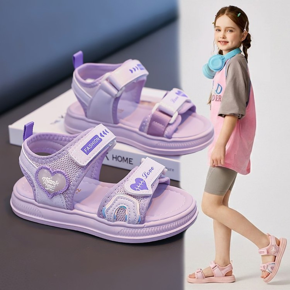 Velcro Hook Loop - รองเท้าแตะรูปหัวใจสำหรับเด็กผู้หญิง สไตล์ใหม่ ฤดูใบไม้ผลิ/ฤดูร้อน 2026 แบบเปิดนิ้วเท้า ติดแถบเวลโคร