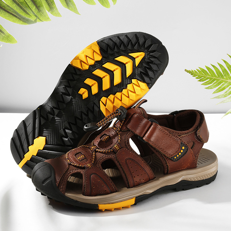 Velcro Hook Loop - ขนาดใหญ่ฤดูร้อนใหม่ผู้ชาย Cowhide กระเป๋า-Toe Casual รองเท้าแตะชายหาดกลางแจ้งสบาย Velcro