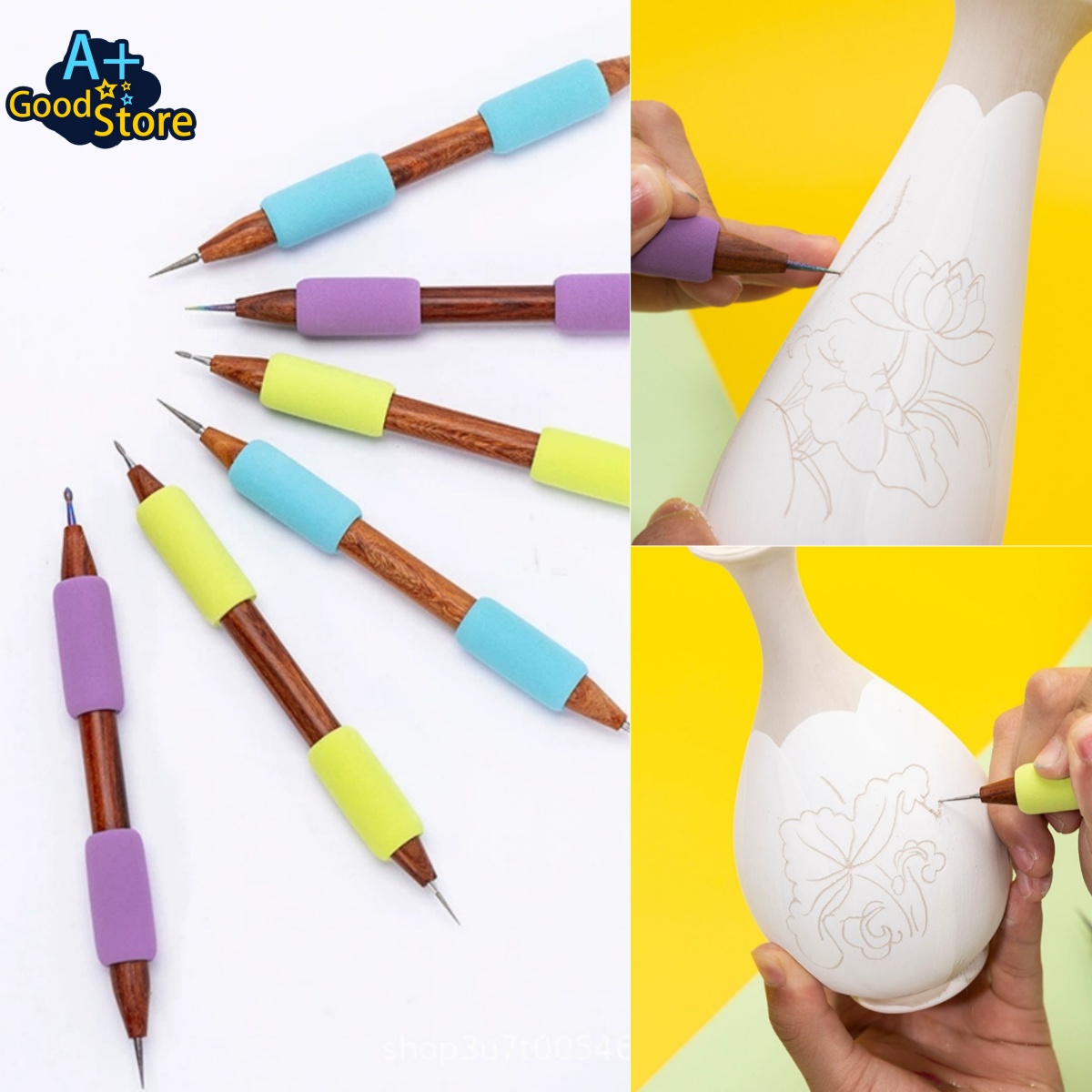 Foam Clay Sculpt - เครื่องมือแกะสลักเซรามิกปลายเพชรสองหัว ด้ามไม้ จับถนัดมือ พร้อมโฟมกริ๊ป สำหรับตกแต่งเซรามิก