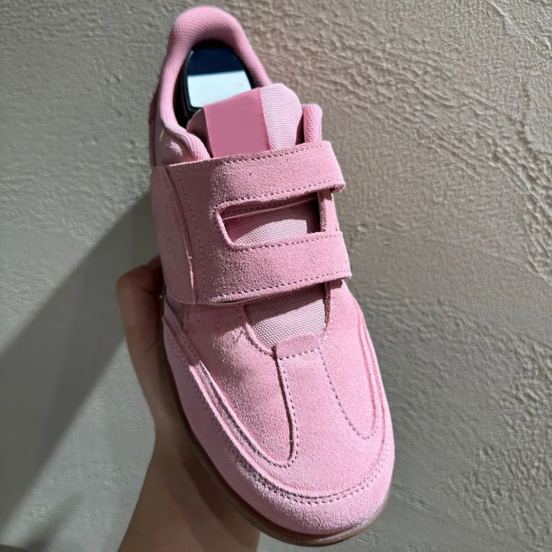 Velcro Hook Loop - รองเท้าผ้าใบแบบสวมสำหรับผู้หญิง สายรัดเวลโคร สไตล์เรโทร สีชมพูอ่อน ทำจากหนังกลับ ระบายอากาศได้ดี