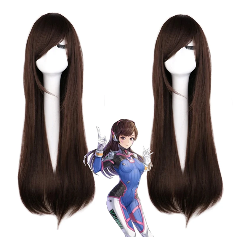 Dva Cosplay Prop - คอสเพลย์วิกผมอะนิเมะเกมโอเวอร์วอตช์ ดีวีเอผมมนุษย์สีน้ำตาลสีดำผมยาวตรงไหมทนความร้อนสูงหน้ากากวิกผมเต็มรูปแบบ