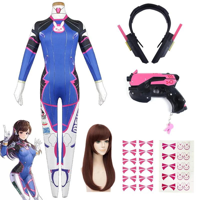 Dva Cosplay Prop - เกมOverwatch Dvaคอสเพลย์เครื่องแต่งกายTights Jumpsuitวิกผมหูฟังปืนคอสเพลย์Props Tattooสติกเกอร์ชุดผู้หญิงParty Zentai Cos