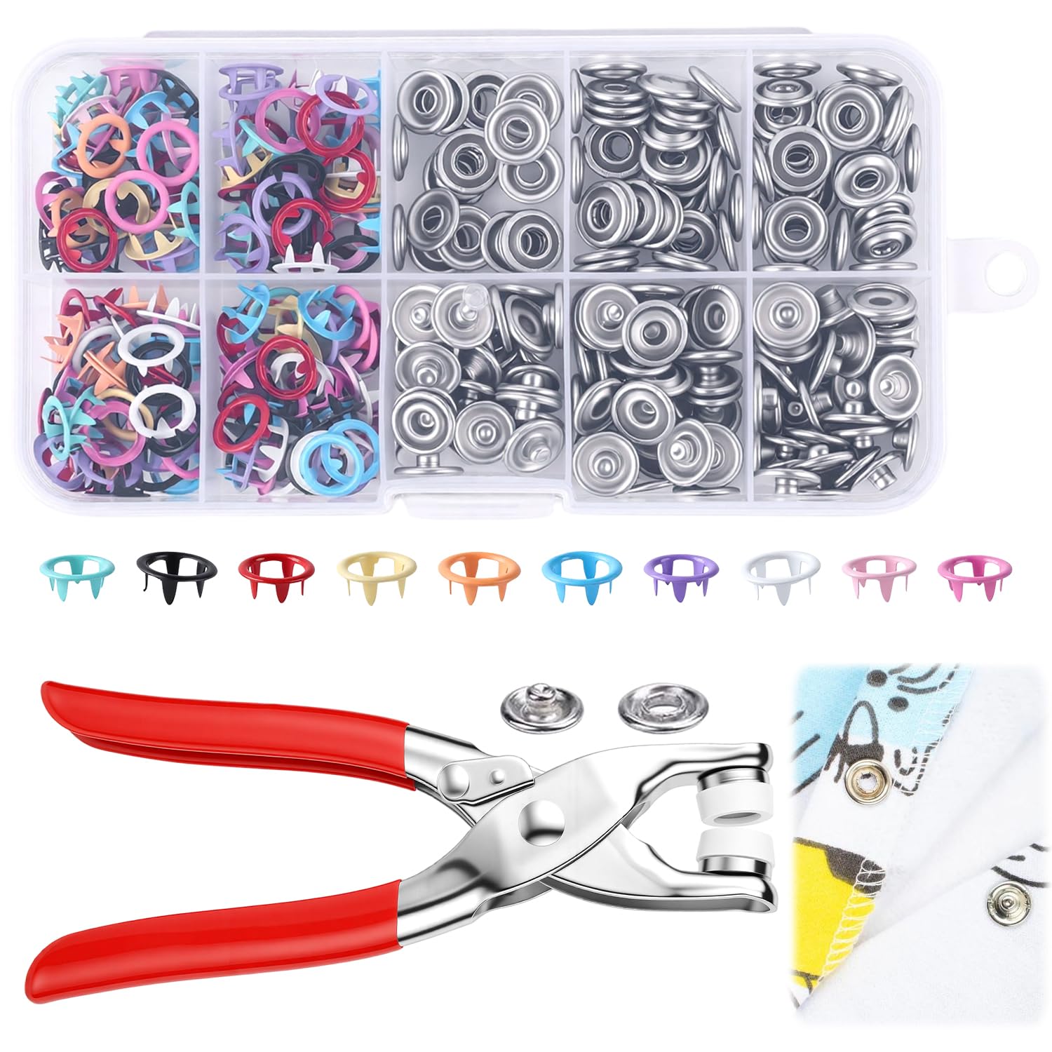 Snap Fastener Set - ชุดอุปกรณ์เย็บผ้าพร้อมกระดุมโลหะ 100 ชิ้น, กระดุมโลหะพร้อมคีมย้ำ, ชุดเครื่องมือติดตั้งกระดุมห้าแฉกหลากสีสำหรับงานฝีมือ DIY